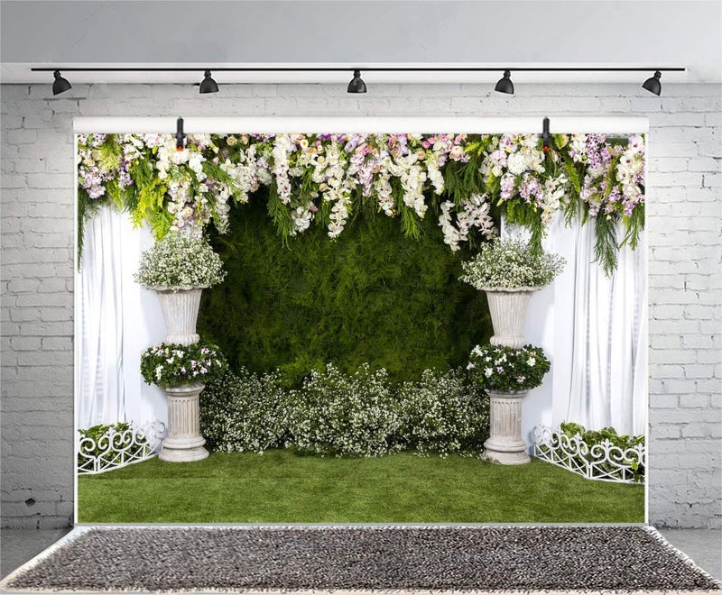 Laeacco Floral Wedding Ceremony Backdrop 7x5ft Bridal Shower Backdrops Stone Pillar Pre-Wedding Photo Studio Green Grassfield White Curtain Green Ivy Wall Birthday Party Decoration Prop - Image 5